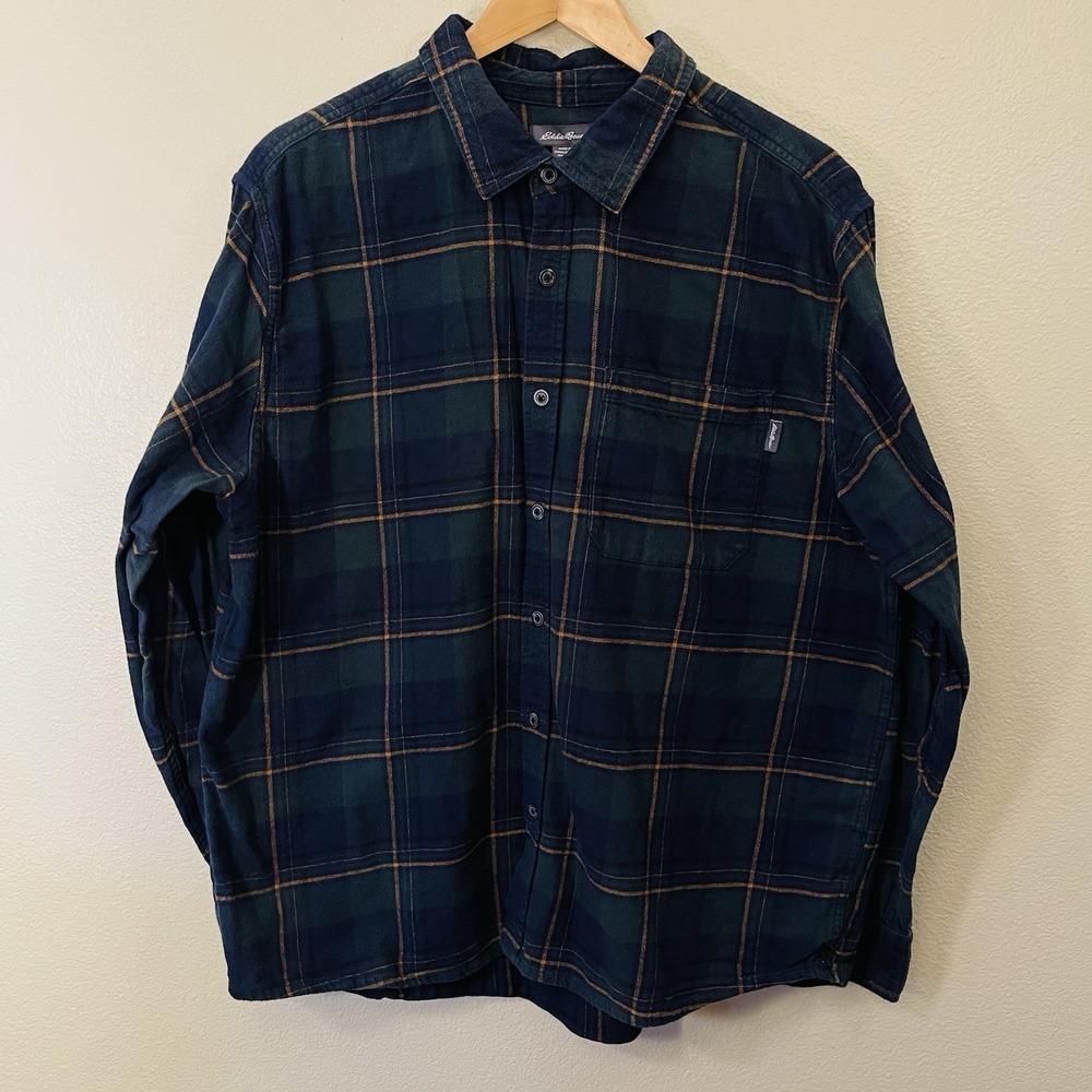 Eddie Bauer Plaid Flannel Shirt 100% Cotton Button Up‎ Navy Green Men's Size XXL